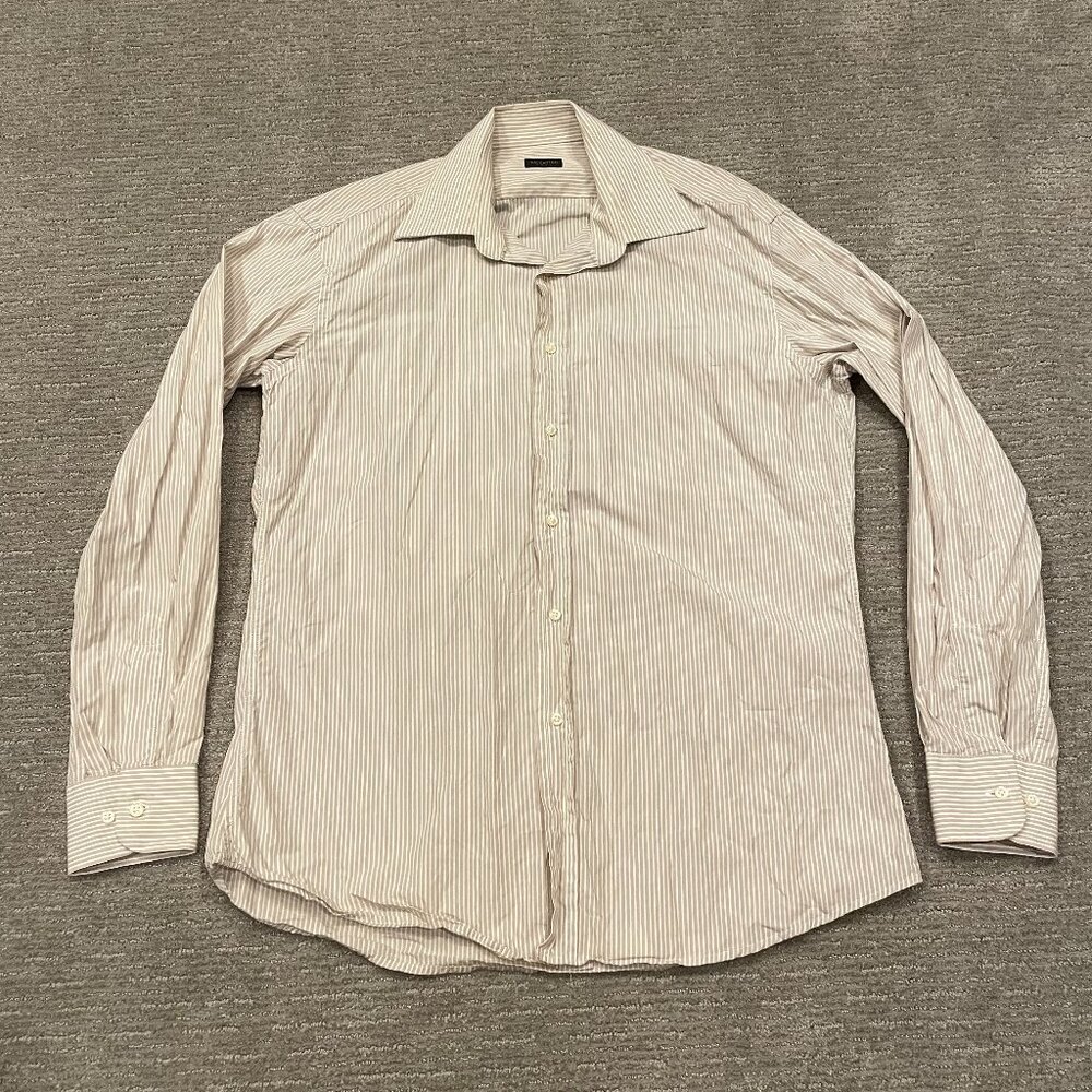 Valentino Roma Dress Shirt Mens Large 41 / 16 Beige Stripe Button Down Italy
